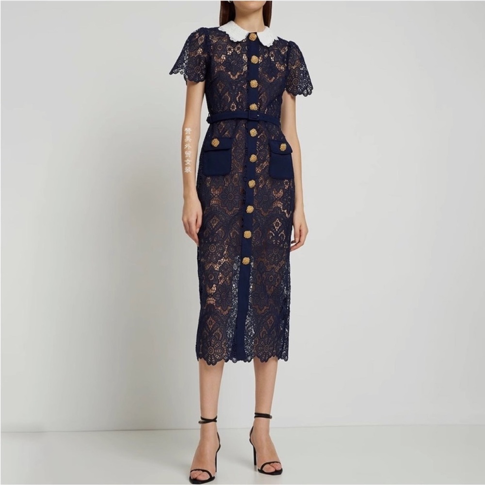 Self-Portrait Navy Lace Midi Dress with White Collar and Gold Buttons